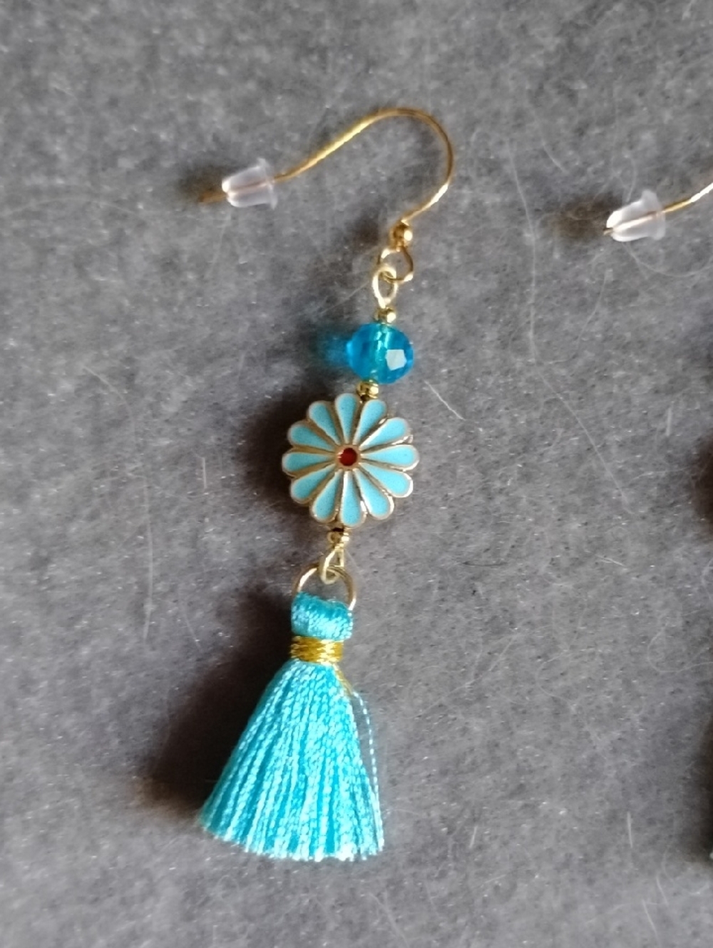 Hand Crafted Blue Tassel Flower Drop Earrings - Picture 2 of 4